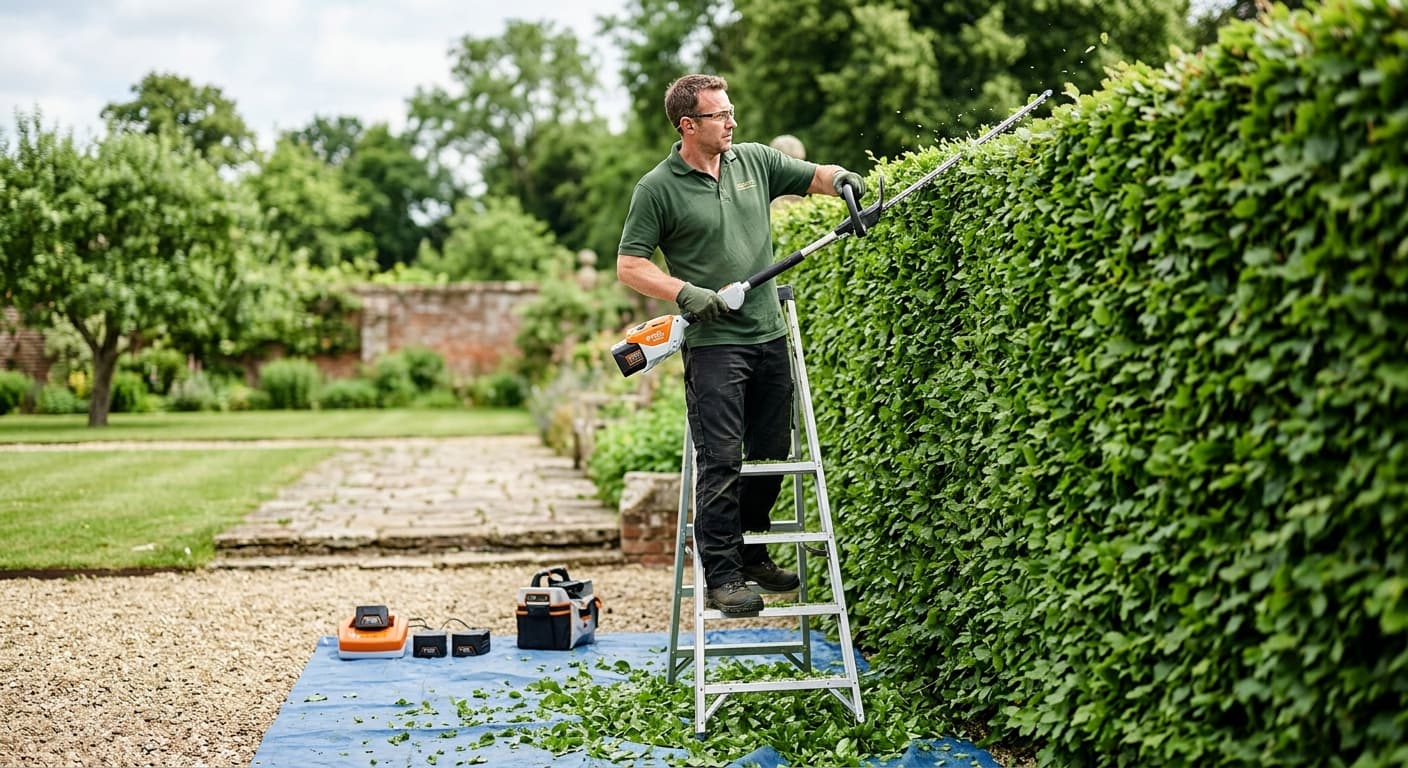 Hedge trimming in progress